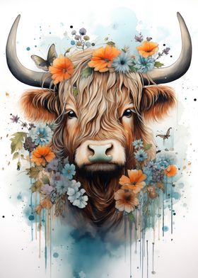 Highland Cow with Flowers