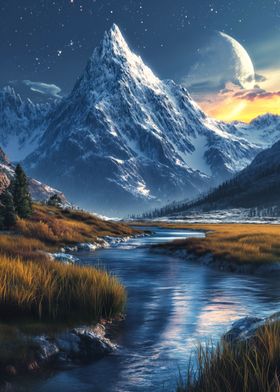 mountain peak and river