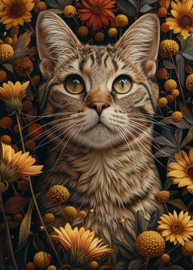 Grey Tabby Cat in Flowers