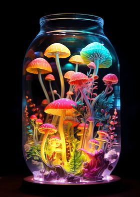 Neon Mushrooms in Jar