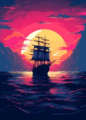 Pirate Sunset Ship Pixel