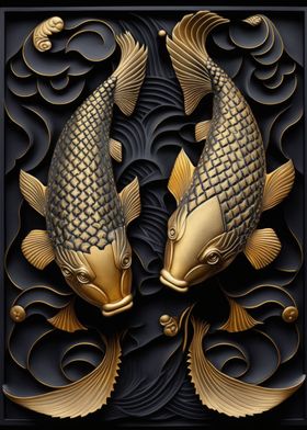 Koi Fish Gold Relief Deco
