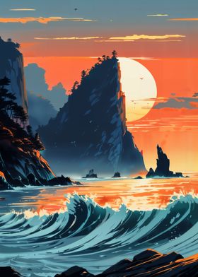 Waves Sunset Landscape