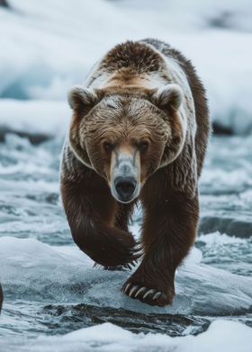 Bear Walking On Icy River