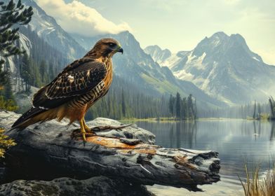 Hawk On A Log Mountains