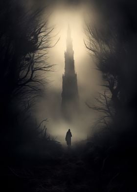 Mysterious tower in fog