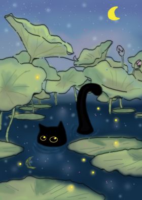 black cat in lily pond