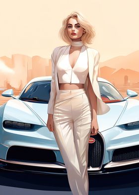 Girl and Bugatti car