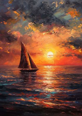 Sunrise Boat Oil Painting