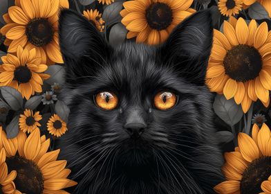 Black Cat in Sunflowers