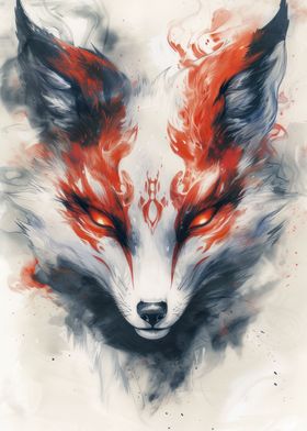 white kitsune fox painting