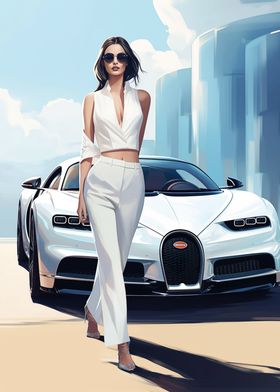 Girl and Bugatti car