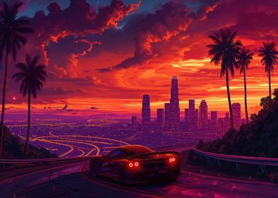 synthwave retro car sunset