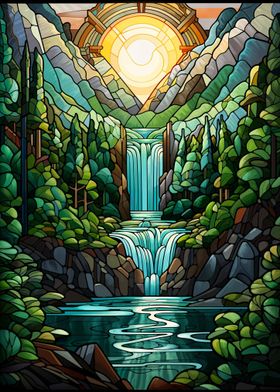 Waterfall Sunset Painting