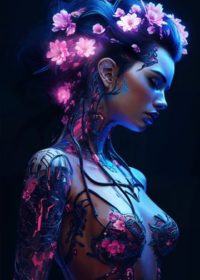 Neon Floral Cyberpunk Girl