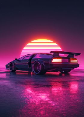 Synth Wave Car and Sunset