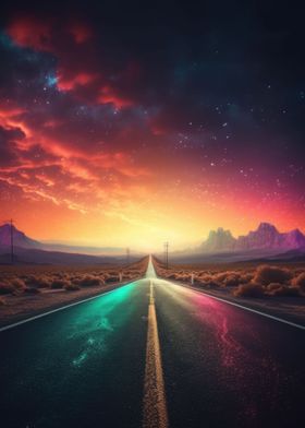 Highway Sunset In Neon