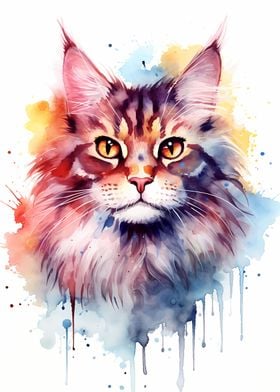 Maine Coon Watercolor Cat 