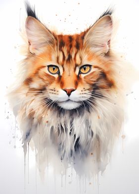 Maine Coon Watercolor Cat 