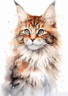 Maine Coon Watercolor Cat 