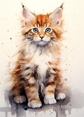 Maine Coon Watercolor Cat 