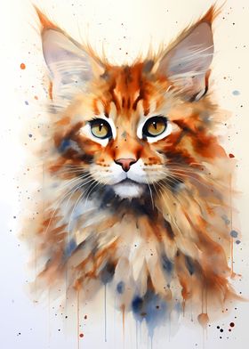 Maine Coon Watercolor Cat