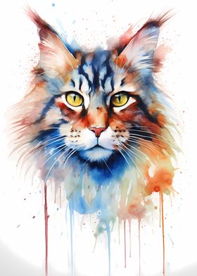 Maine Coon Watercolor Cat 