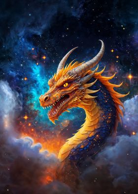 Dragon in clouds and stars