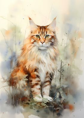 Maine Coon Watercolor Cat 