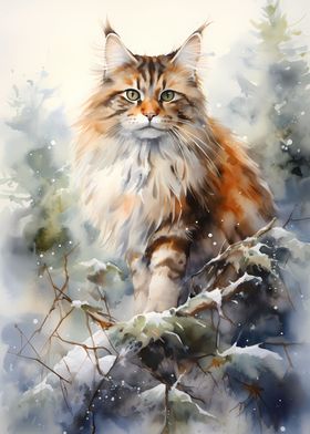 Maine Coon Watercolor Cat 