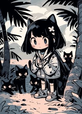 Kawaii Girl with Cats