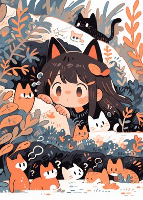 Kawaii Girl with Cats