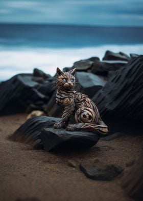 Wooden cat on beach