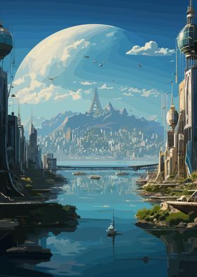 Fantasy City Moon Skyline