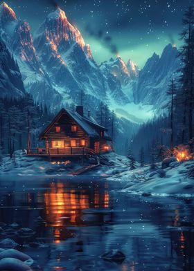 Snowy Nature Aurora Cabin