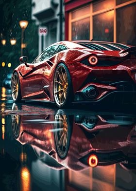 Reflection Red Car in Rain