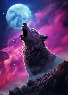 Wolf howling at the Moon