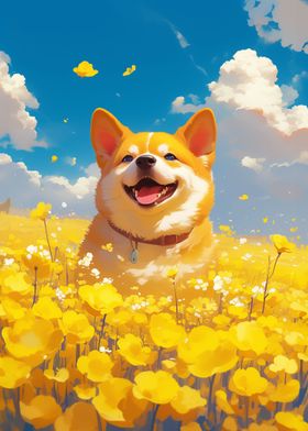 Happy Corgi Dog in Flower 