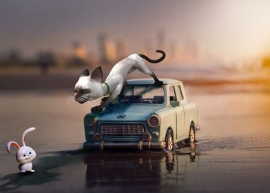 cat rabbit and car