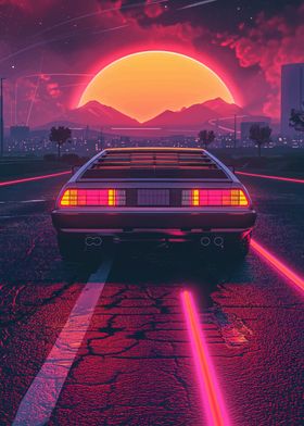 synthwave retro car sunset