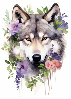 Wolf Floral Watercolor