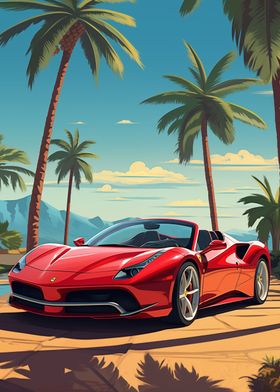 Palm Tree Beach Red Car