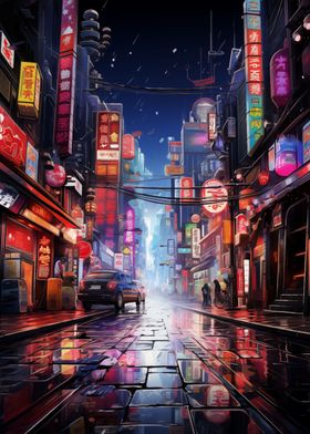 Japanese Neon Rain Street