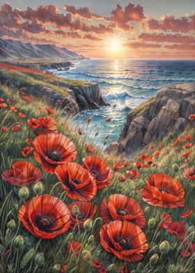 Red Poppy flowers near sea