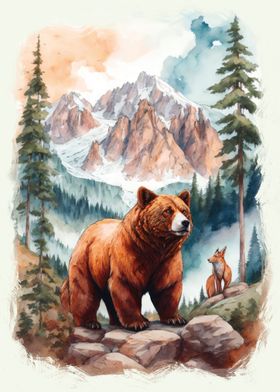Bear with Fox in Forest