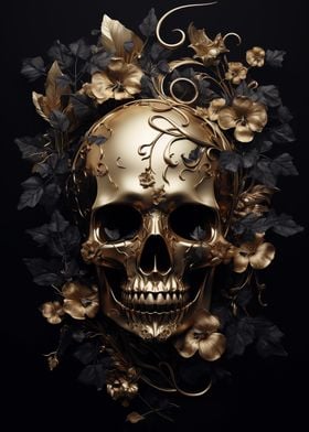 Black Skull Golden Flowers