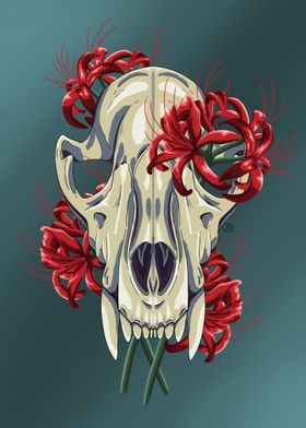 Feline Skull with Flowers