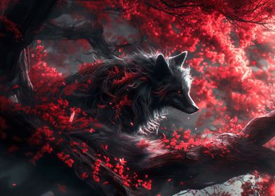 black kitsune fox in tree