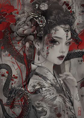 Geisha and Dragon Art
