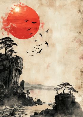 Red Sun Landscape Painting